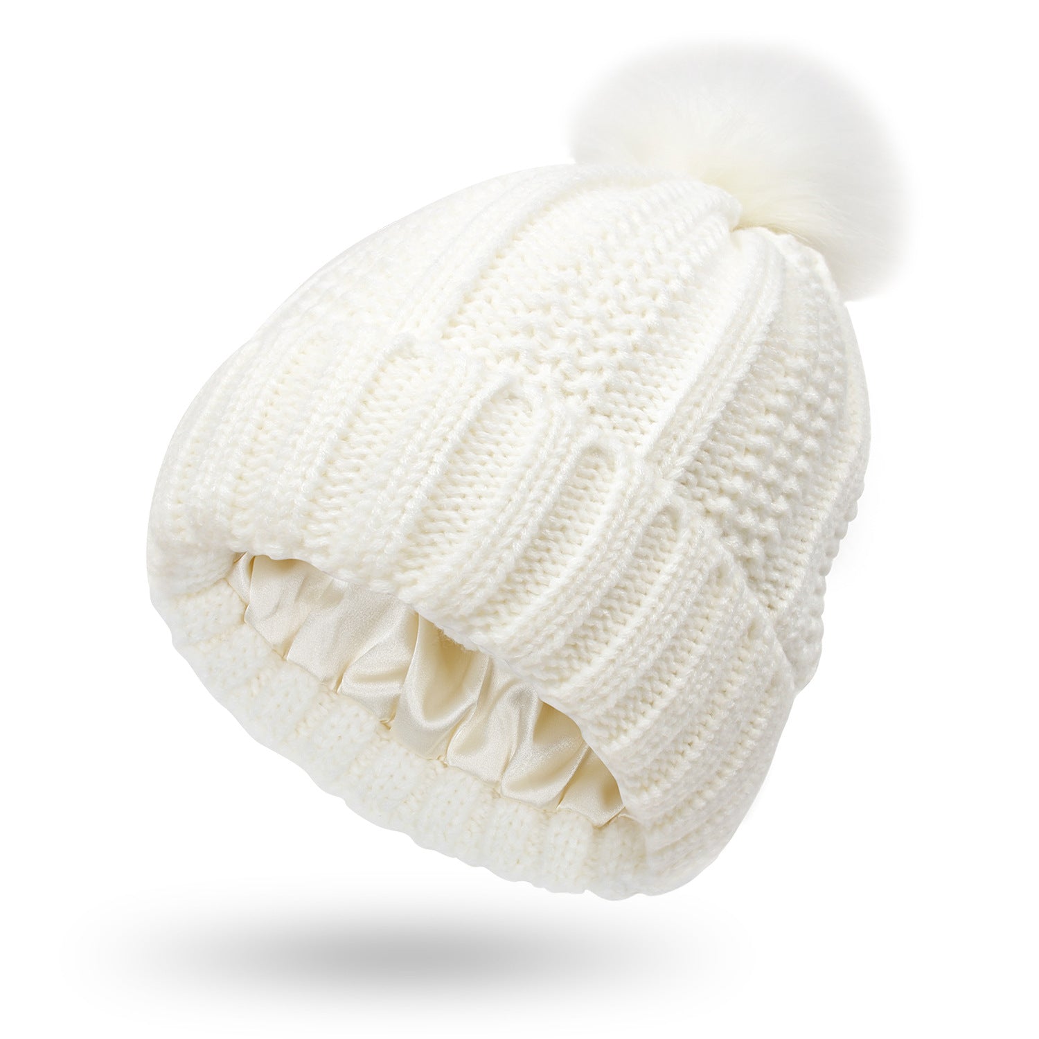 Women's Knitted Beanie with Faux Fur Pom Pom