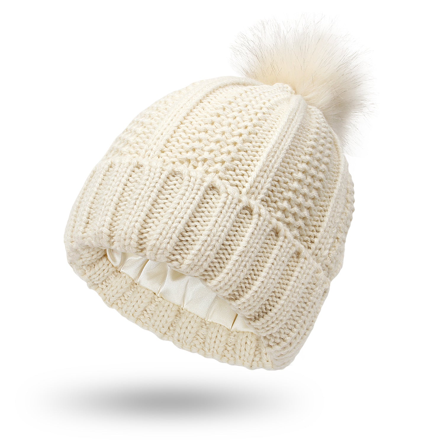 Women's Knitted Beanie with Faux Fur Pom Pom