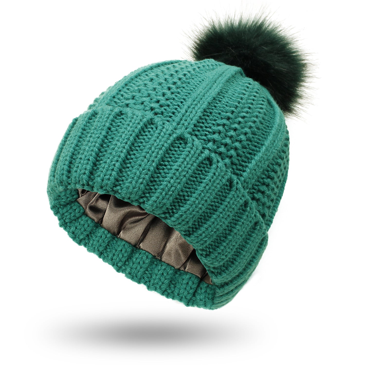 Women's Knitted Beanie with Faux Fur Pom Pom