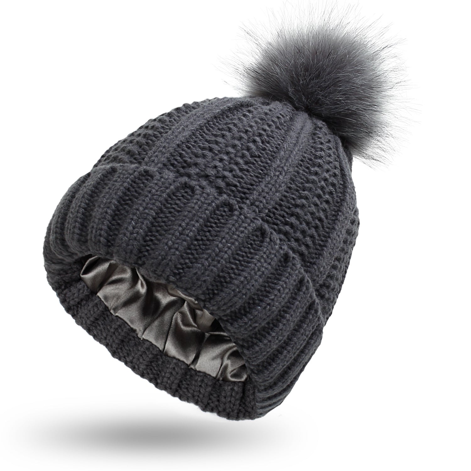 Women's Knitted Beanie with Faux Fur Pom Pom