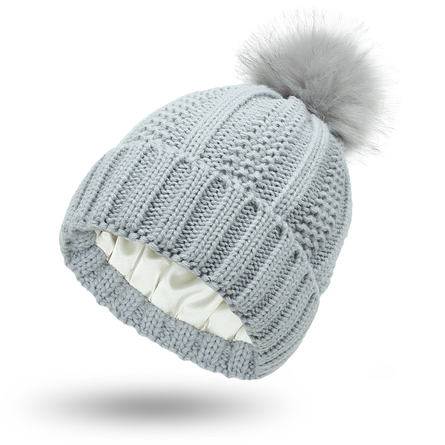 Women's Knitted Beanie with Faux Fur Pom Pom