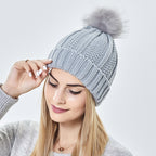Women's Knitted Beanie with Faux Fur Pom Pom