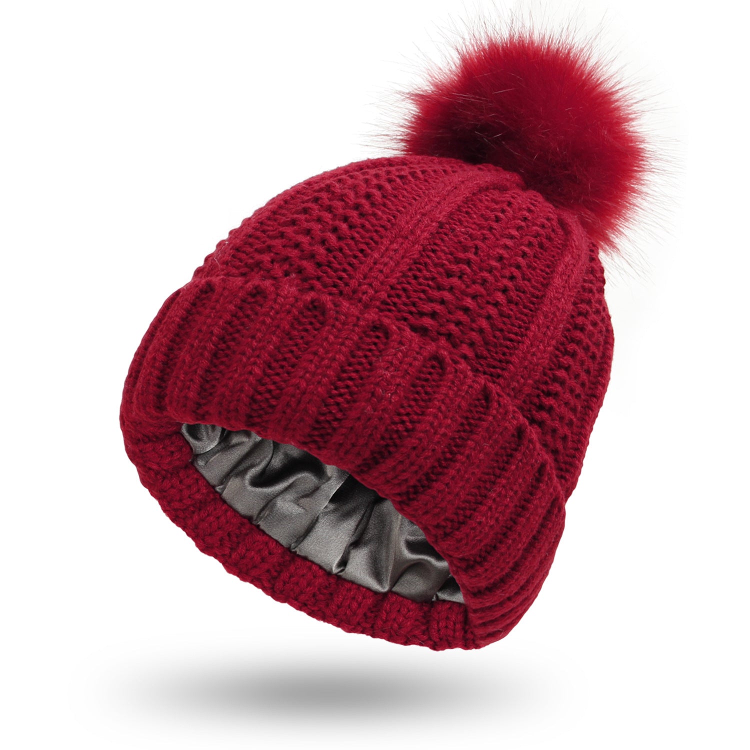 Women's Knitted Beanie with Faux Fur Pom Pom
