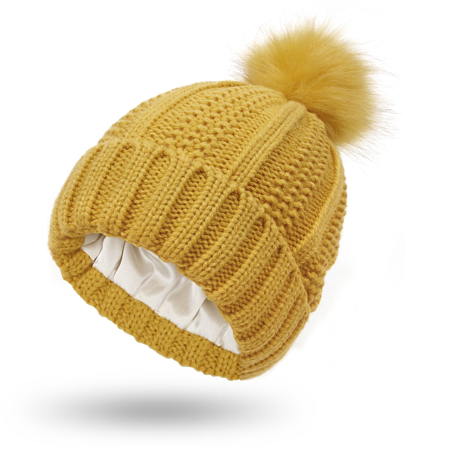 Women's Knitted Beanie with Faux Fur Pom Pom