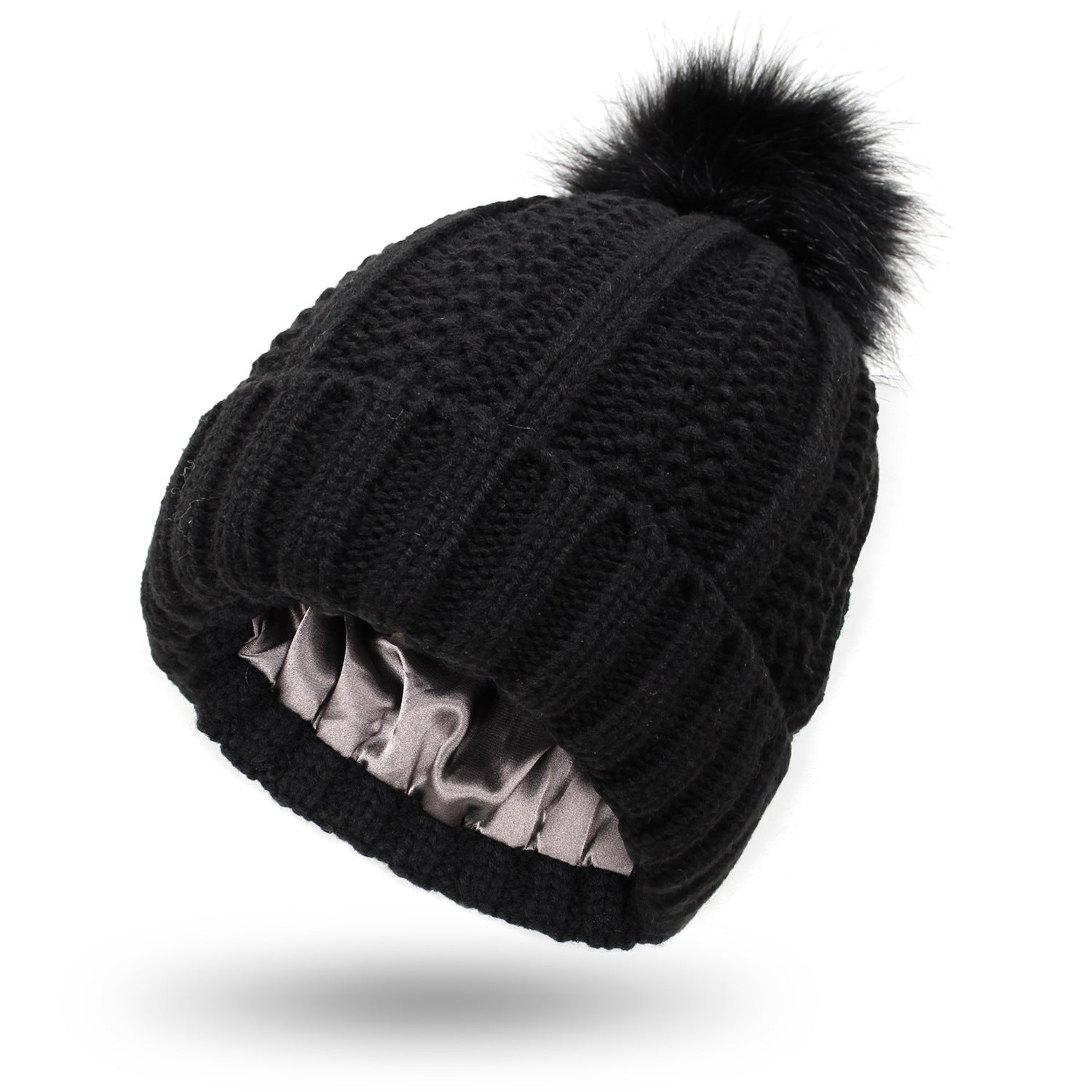 Women's Knitted Beanie with Faux Fur Pom Pom