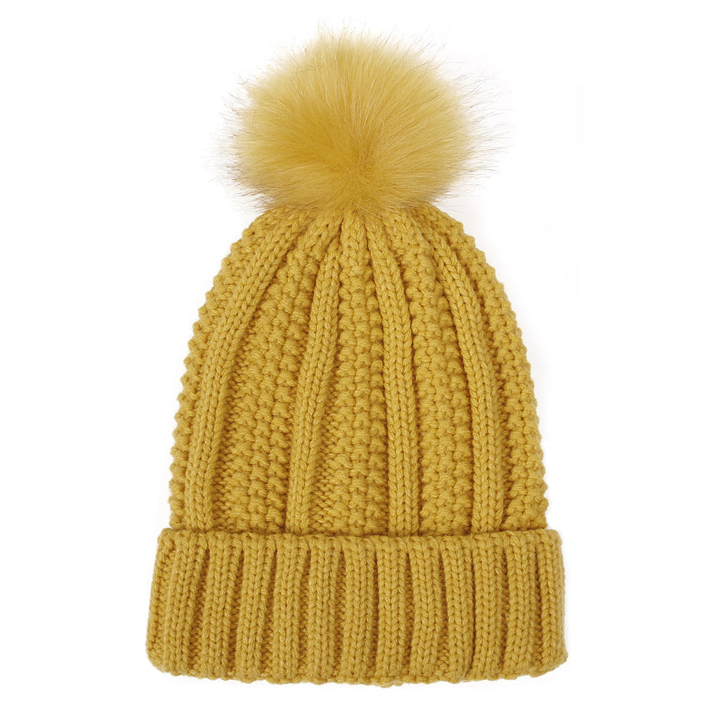Women's Knitted Beanie with Faux Fur Pom Pom